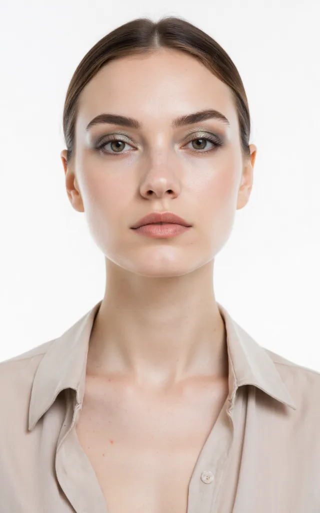A French female model with a Metallic makeup style, wearing a shirt, against a white background, in a front   facing bust portrait